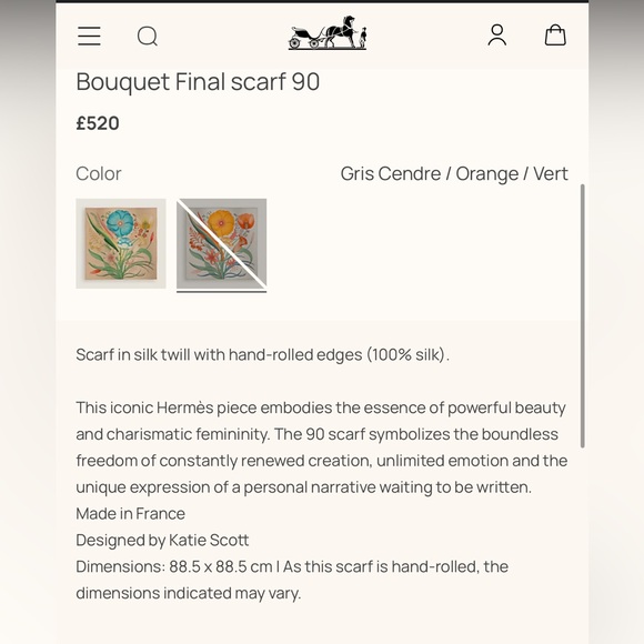 HERMES BOUQUET FINAL SILK TWILL SCARF 90 Gris Cendre / Orange / Vert - Picture 9 of 10